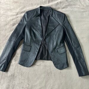 NWOT Theory Women’s Black Leather Blazer Small Open Front Ruffled Back